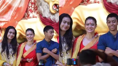 Durga pandal માં યુગ અને ન્યાસાના ગુંજારવ, કાજોલ પૂજામાં વ્યસ્ત જોવા મળી