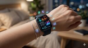 Aesthetic smartwatch on wrist showing heart rate tracking app