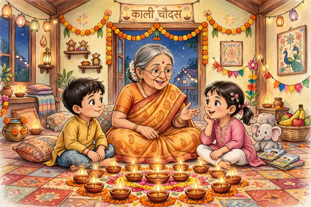 દાદીમાની વાર્તા – કાળી ચૌદસનું રહસ્ય Dadi telling Kali Chaudas story to kids with diyas