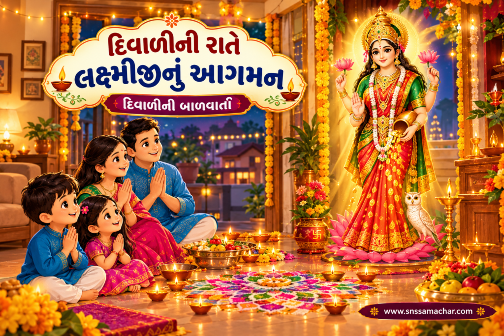 દિવાળીની રાતે લક્ષ્મીજીનું આગમન 🪔 Diwali Story for Kids in Gujarati દિવાળીની રાતે લક્ષ્મીજીનું આગમન અને પૂજા કરતા પરિવારની ગુજરાતી બાળવાર્તા