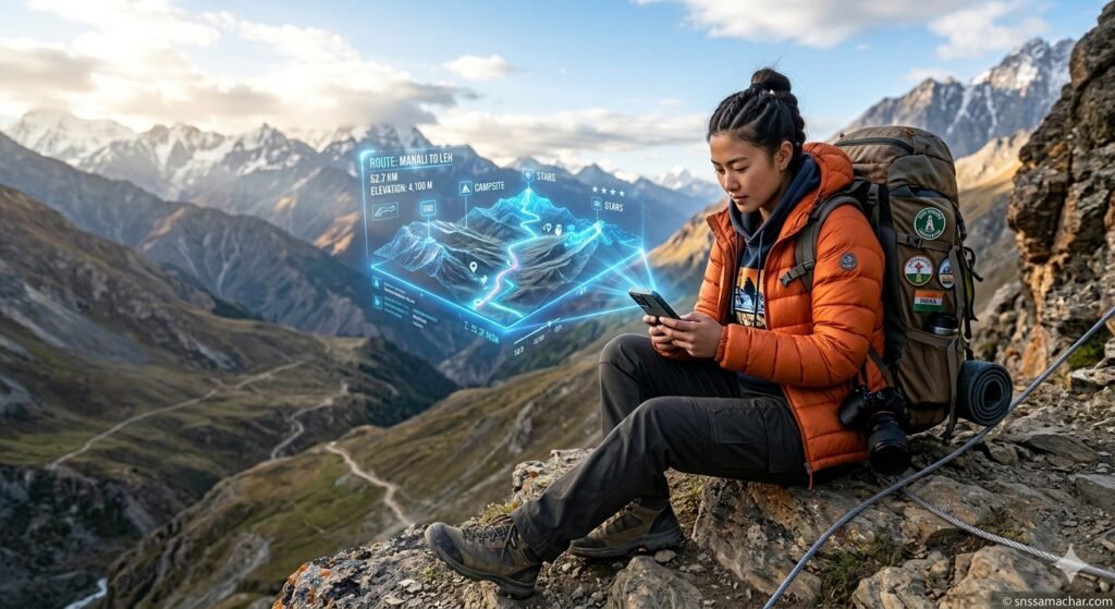 Gen Z solo Travel Guide for female traveler with backpack using smartphone holographic travel map on mountain cliff snssamachar.com