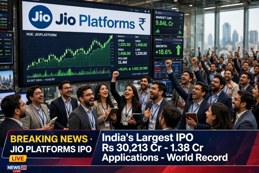 Jio Platforms IPO એ રચ્યો ઈતિહાસ: દુનિયાની સૌથી મોટી ભાગીદારી, ભારતનો સૌથી મોટો IPO Jio Platforms IPO record demand 7 lakh crore Gujarati