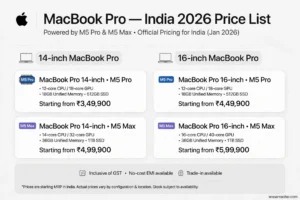 Apple MacBook Pro M5 Pro M5 Max India Price List 2026 starting from 3,49,900 rupees official