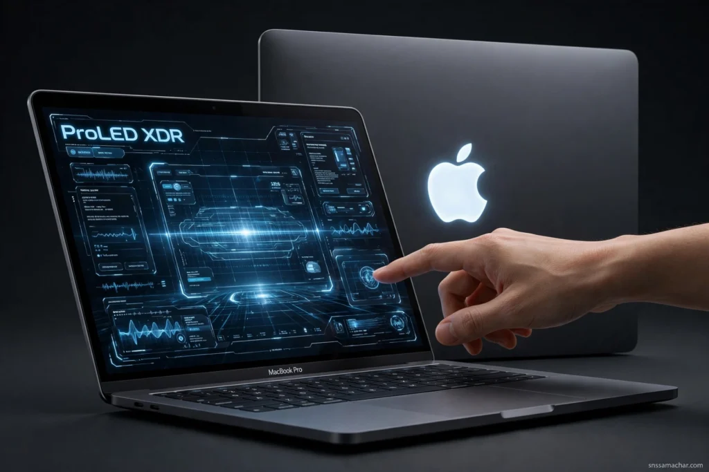 Appleનું પહેલું Touch Screen MacBook Pro: PROLED XDR, કિંમત અને ભારતમાં લોન્ચ ઑફર – સંપૂર્ણ માહિતી Apple Touch Screen MacBook Pro 2026 ProLED XDR OLED display with glowing logo - first touchscreen macbook