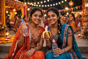 Navratri 2026 Garba Energy Tips garba women drinking water and eating banana for energy and hydration