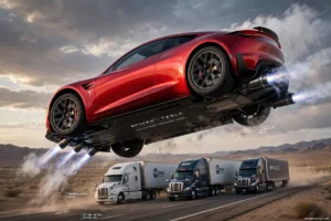 લાલ Tesla Roadster SpaceX cold-gas rocket thrusters થી હવામાં ઉડીને ત્રણ ટ્રક ઉપરથી jump કરતી, 0.81 second acceleration demo