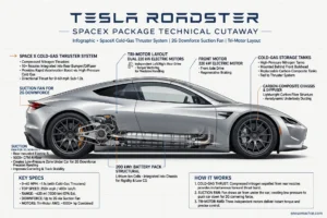 Tesla Roadster SpaceX package નો technical cutaway infographic - cold-gas thruster system, 200kWh battery pack, tri-motor layout અને suction fan સમજાવતો ડાયાગ્રામ