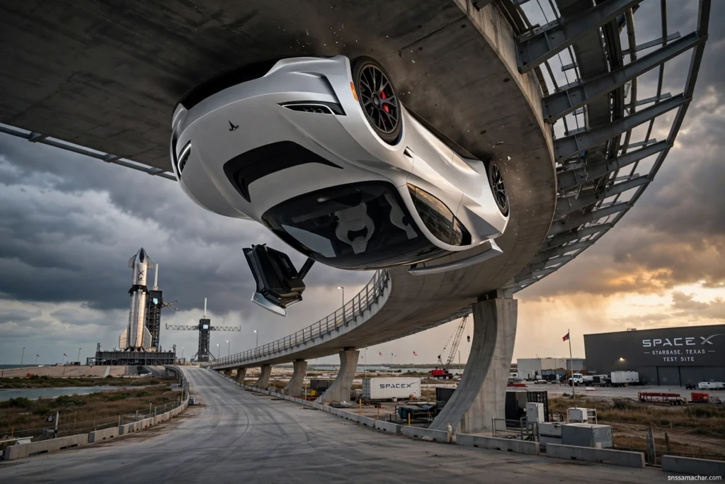 Tesla Roadster ઊંધી સ્થિતિમાં SpaceX Texas ટેસ્ટ ટ્રેક પર 2G suction fan ટેકનોલોજીથી ચોંટેલી, સફેદ કલર નવી 2026 મોડલ