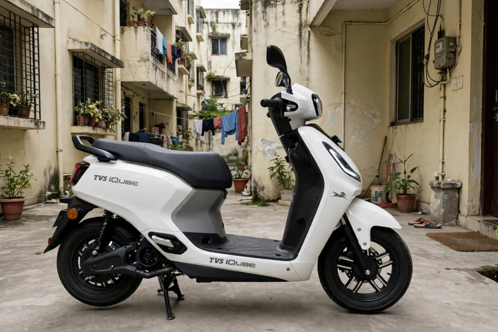 TVS iQube Electric Scooter સફેદ રંગમાં ફેમિલી સ્કૂટર તરીકે